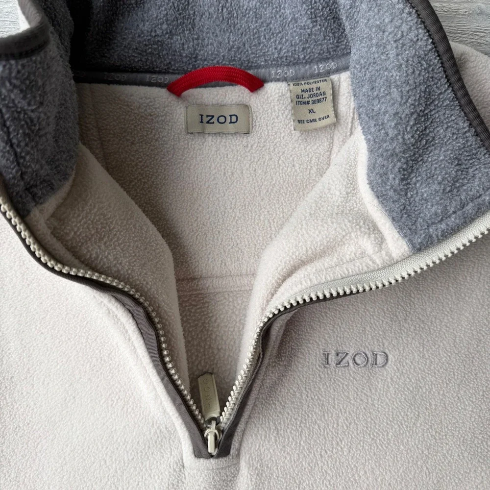 IZOD Mens Quarter Zip Fleece Pullover Cream Off White Gorpcore XL Sweatshirt
